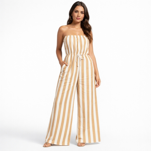 fab'rik Pants - fab'rik Tan and White Striped Jumpsuit